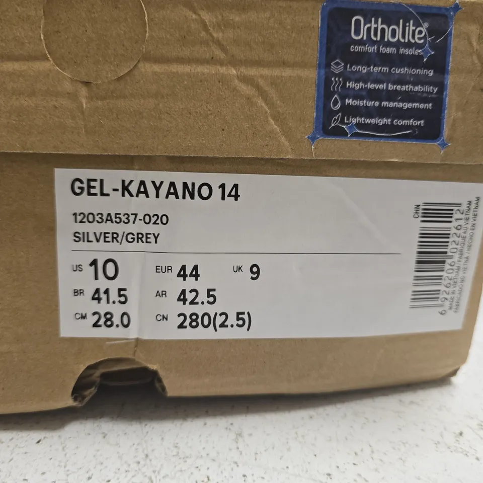BOXED PAIR OF ASICS GEL-KAYANO 14 RUNNING SHOES – SILVER/GREY, UK 9