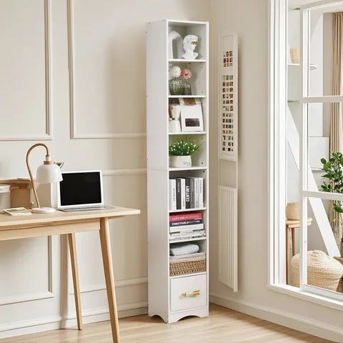 BOXED 7-TIER BOOKSHELF WITH DRAWER, 180cm TALL NARROW BOOKCASE (1 BOX)