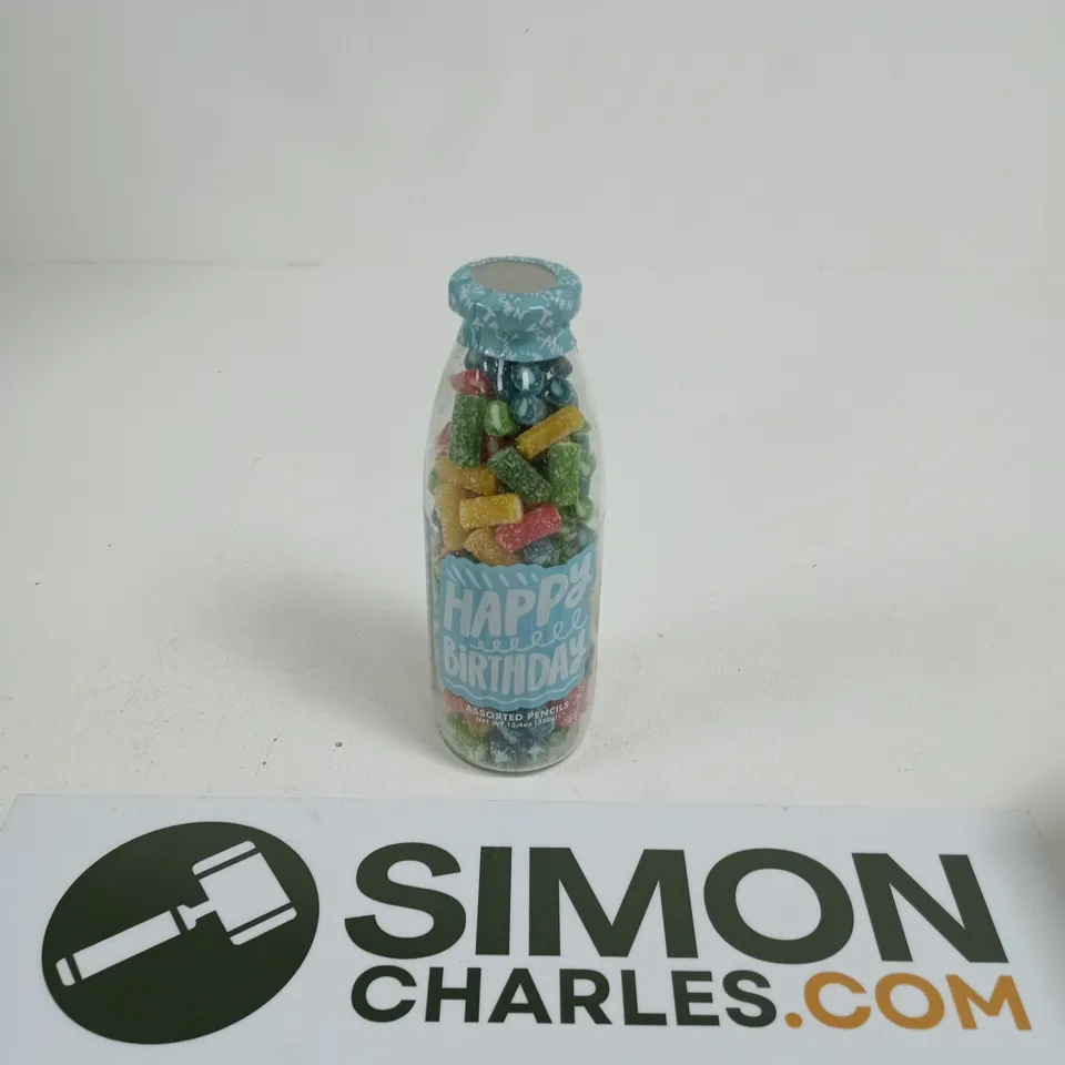 HAPPY BIRTHDAY ASSORTED PENCIL CANDIES IN GLASS BOTTLE – 380 G
