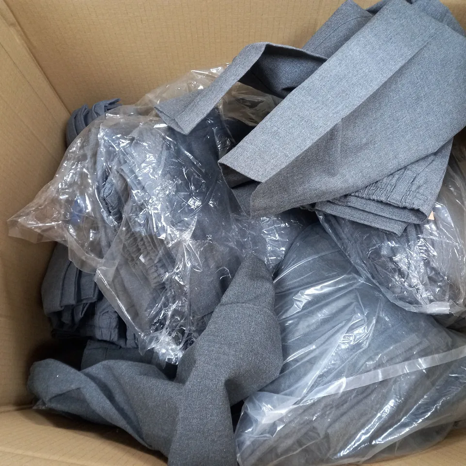 BOX OF APPROX 25 ASSORTED SCHOOL CLOTHING ITEMS IN VARIOUS SIZES TO INCLUDE - AS TROUSERS IN BLACK 11-12 YEARS, AS GREY STRAIGHT LEG TROUSERS6-7 YEARS , AS GREY TROUSERS 9-10 YEARS ETC