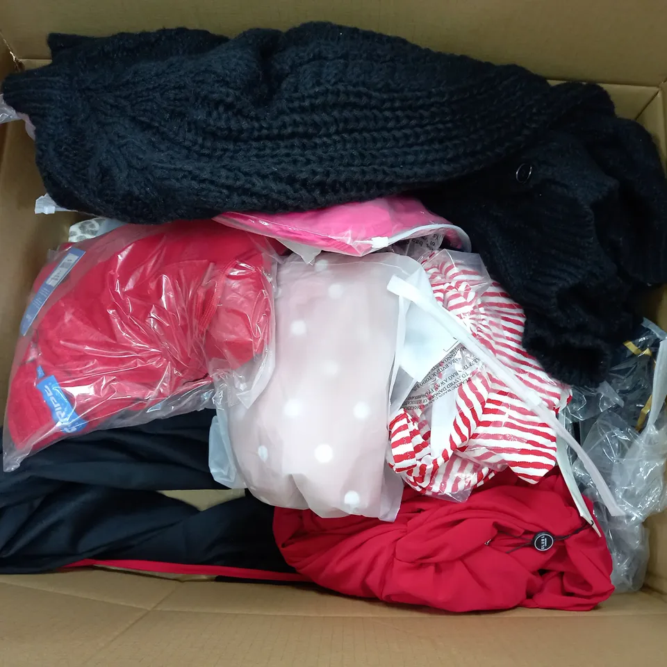 LARGE BOX OF ASSORTED CLOTHING ITEMS IN VARIOUS COLOURS AND SIZES INCLUDING TROUSERS , TOPS AND JUMPERS