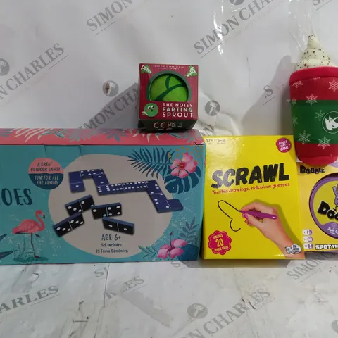 BOX OF APPROX 12 ASSORTED TOYS TO INCLUDE - FLAMINGO GAMES GIANT DOMINOES - THE FART SPROUT - SCRAWL PARTY GAME - DOBBLE SPOT THE MATCH ECT