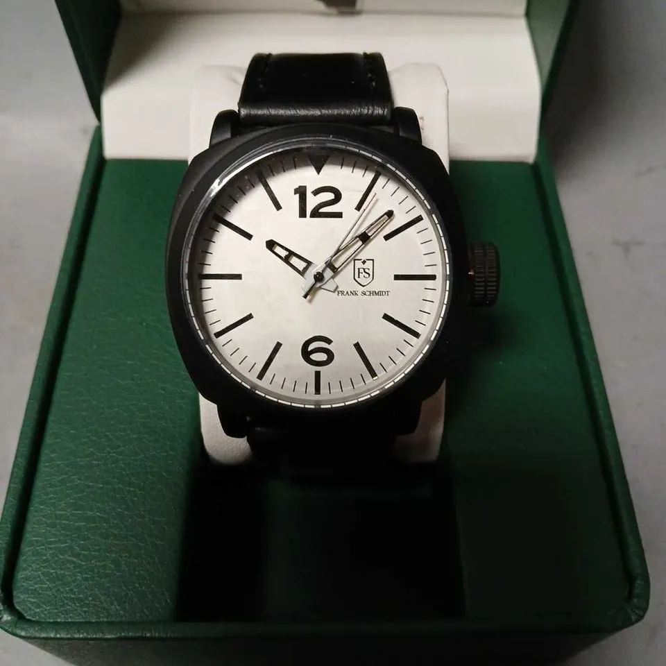 FRANK SCHMIDT WATCH LARGE BLACK CASE WHITE PILOT DIAL 3ATM WATER RESISTANT – GIFT BOX INCLUDED