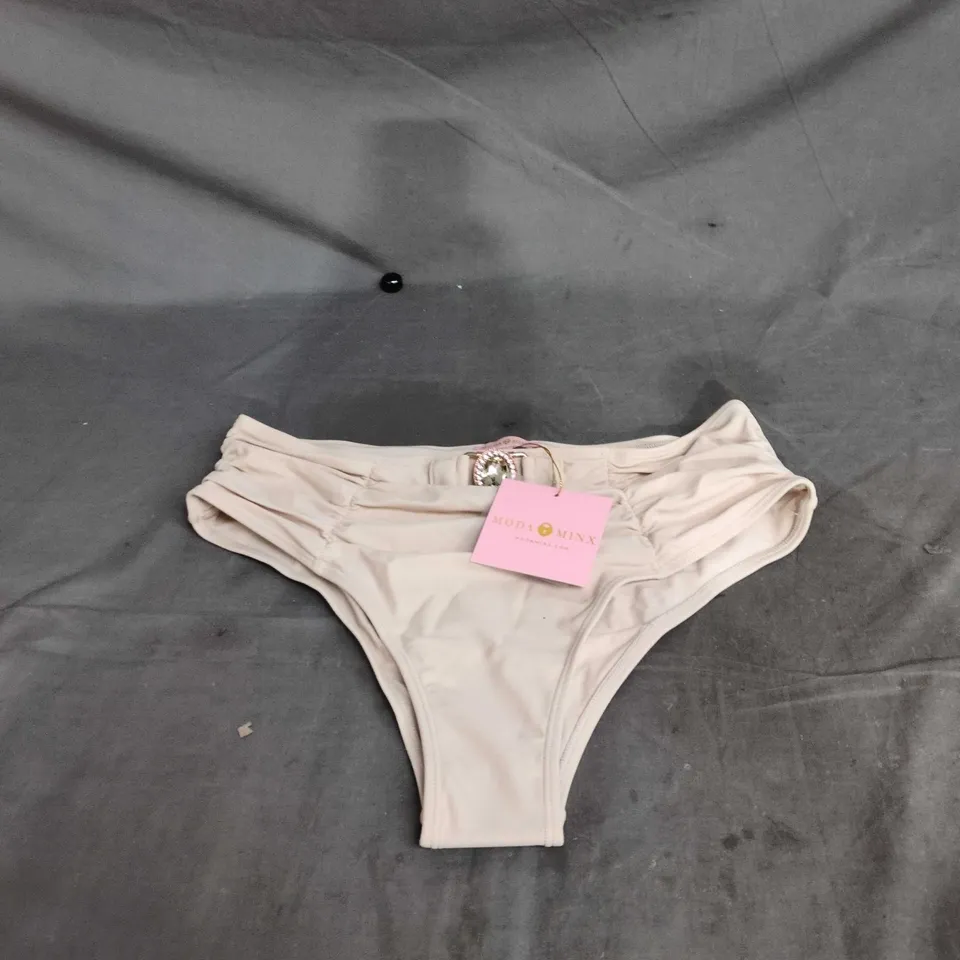 MODA MINX AMOUR RUCHED HIGH-WAISTED BIKINI BOTTOM – ALMOND, UK 12