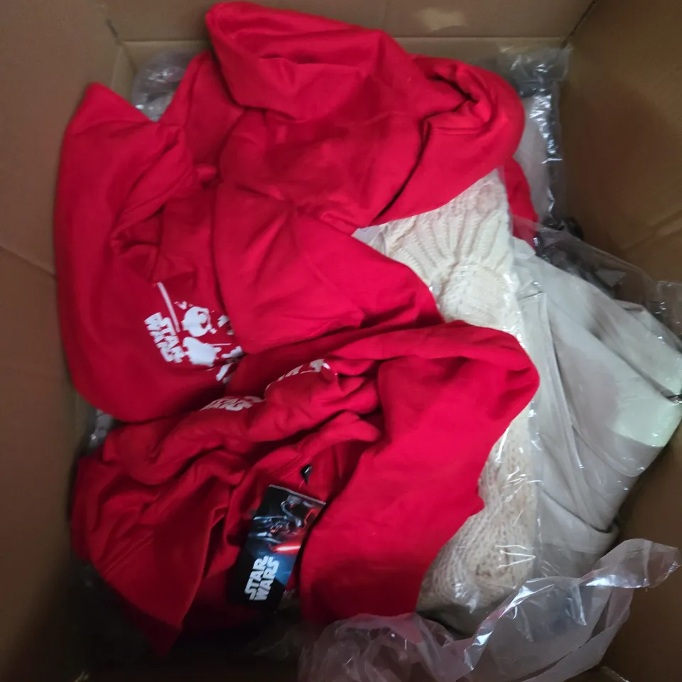 LARGE BOX OF ASSORTED CLOTHING ITEMS IN VARIOUS SIZES, STYLES AND COLOUR 