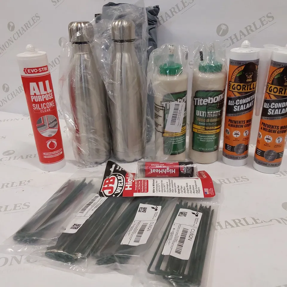 12 BRAND NEW ITEMS TO INCLUDE: 2 X ALL PURPOSE SILICONE, 2 X TITEBOND, JB WELD HIGHHEAT, 4 PACKS OFGARDEN STAKES