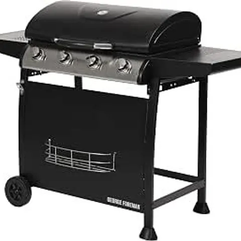 BOXED GEORGE FOREMAN 4 BURNER GAS BBQ WITH AUTOMATIC IGNITION & INTEGRATED THERMOMETER, BLACK, GAS BARBECUE, 2 WHEELS FITTED RACK WITH 2 SHELVES, GFGBBQ4B