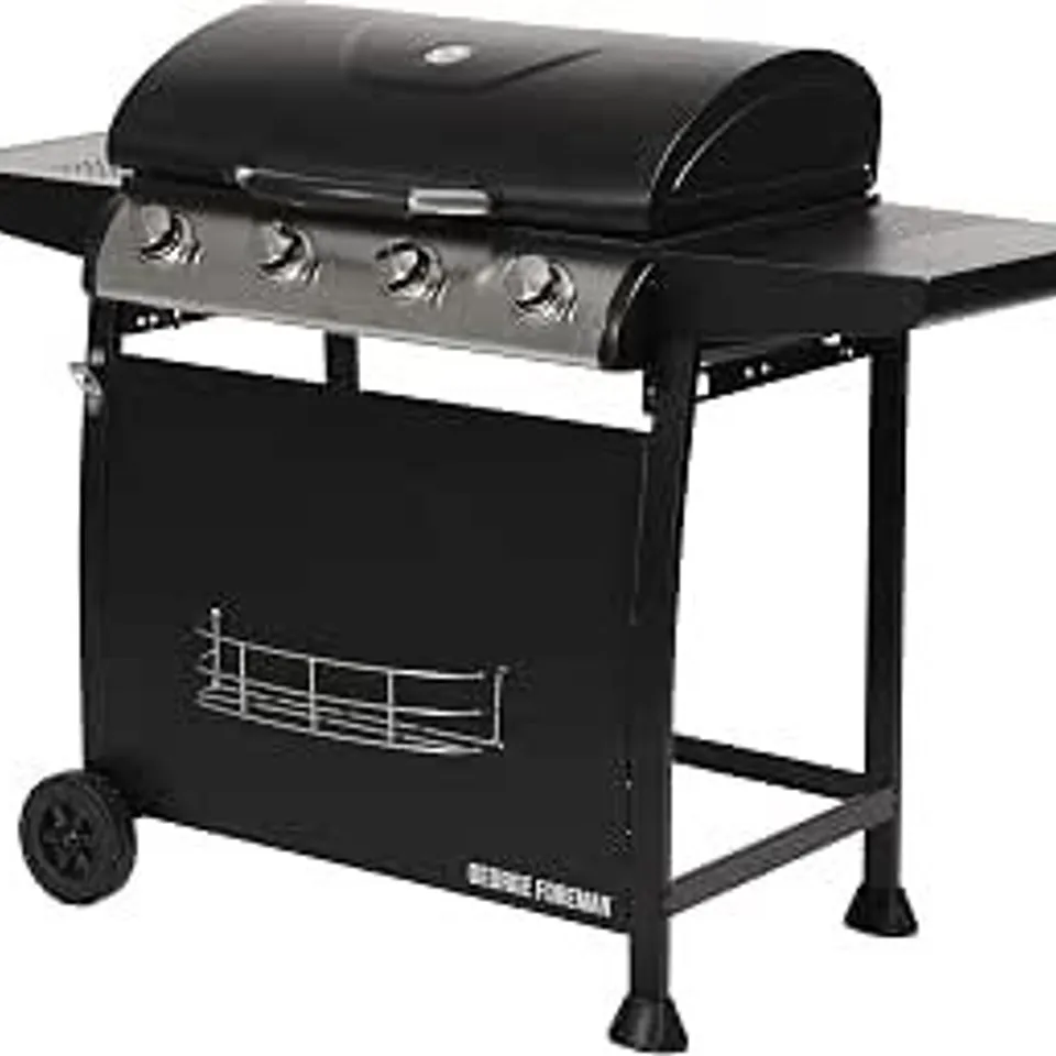 BOXED GEORGE FOREMAN 4 BURNER GAS BBQ WITH AUTOMATIC IGNITION & INTEGRATED THERMOMETER, BLACK, GAS BARBECUE, 2 WHEELS FITTED RACK WITH 2 SHELVES, GFGBBQ4B