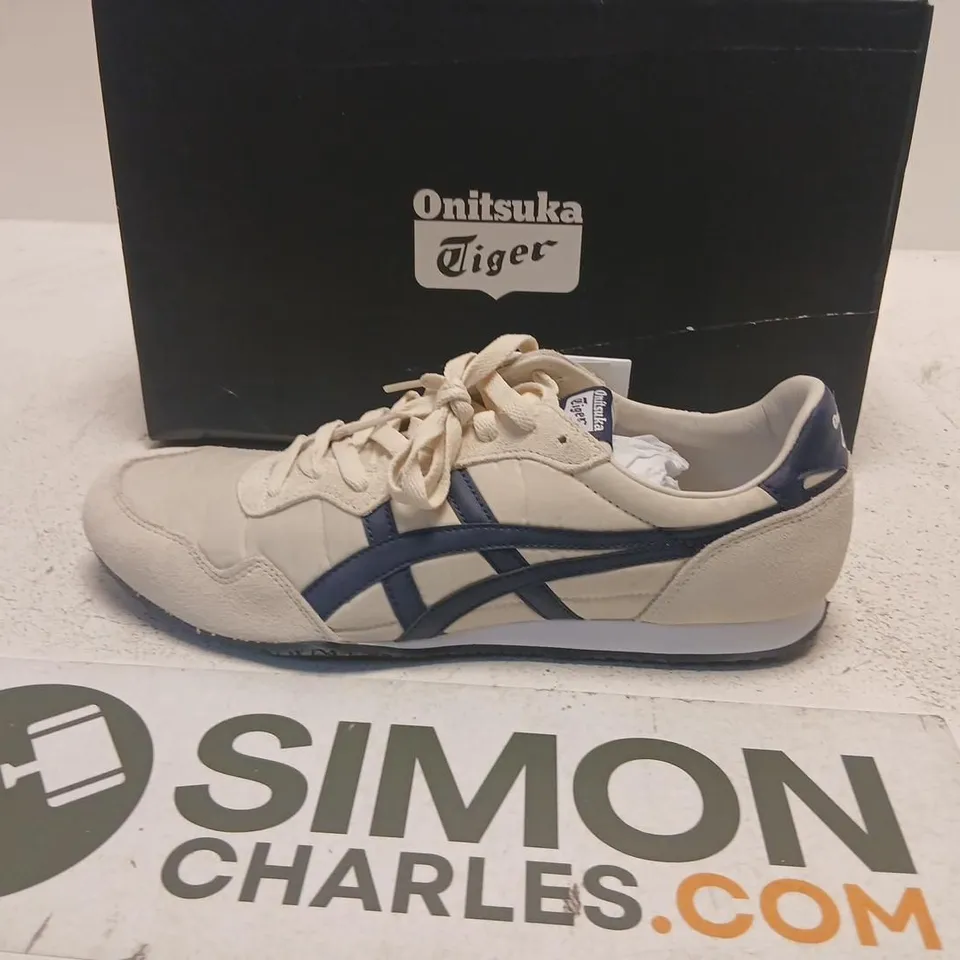 ONITSUKA TIGER SNEAKERS – BEIGE WITH NAVY STRIPES, UK 11 (US 12) – BOXED