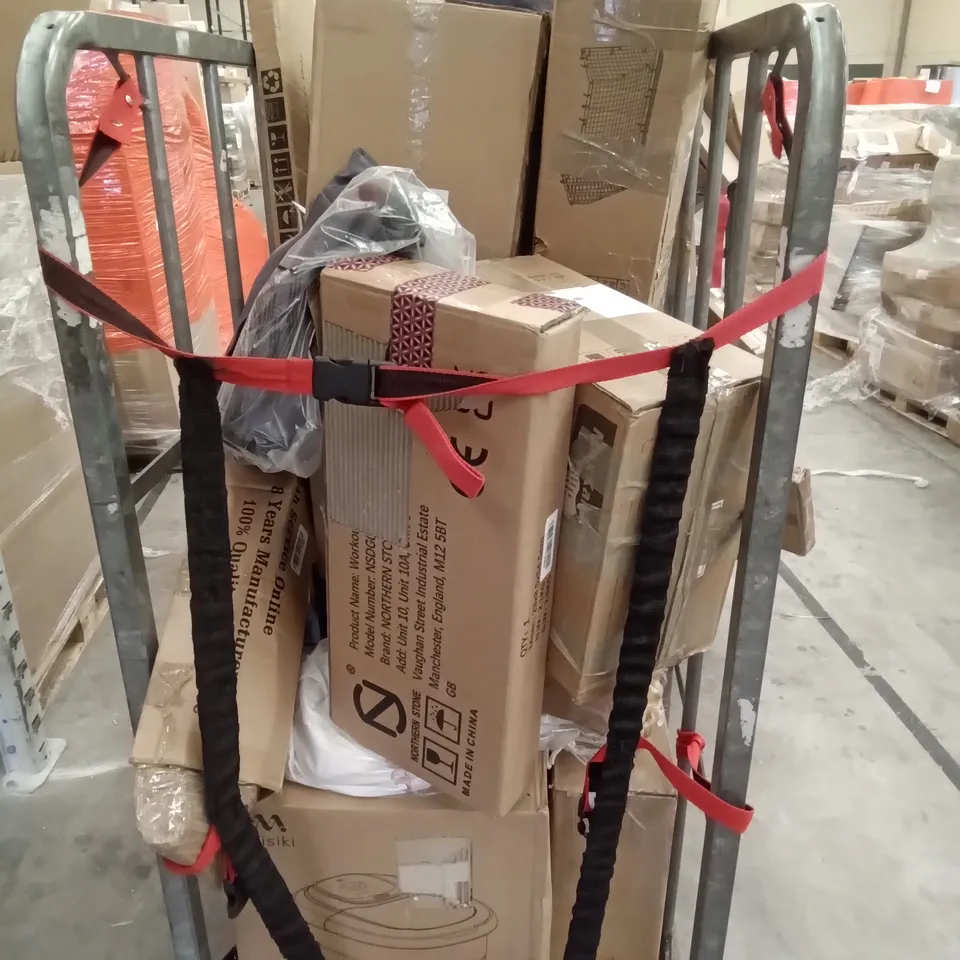 2 CAGES OF ASSORTED ITEMS INCLUDING NORTHERN STONE WORKOUT BAR, MISIKI FOOT SPA, FOOTBALL GOAL, DOOR FRAME PULL UP BAR, MULTI TRAINING BENCH, HUANUO LAP DESK