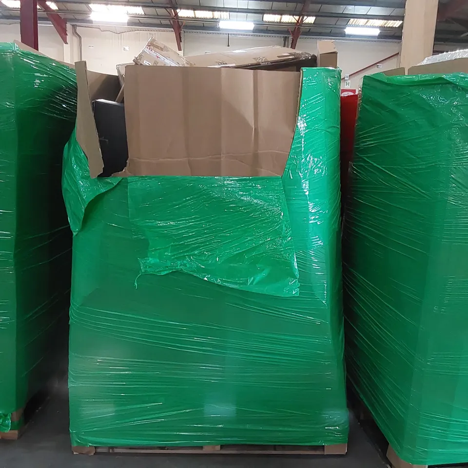 PALLET OF ASSORTED CONSUMER PRODUCTS TO INCLUDE: COMPUTER MONITOR, BATHROOM SINK, SHUSH THERAPY RECOVERY POD, 24FT ROUND POOL COVER, TOILET SEAT COVER ECT
