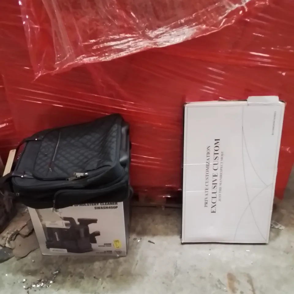 PALLET OF ASSORTED HOUSEHOLD GOODS AND PRODUCTS TO INCLUDE;VACUUM CLEANER,TOWEL RAIL,BACKPACK 