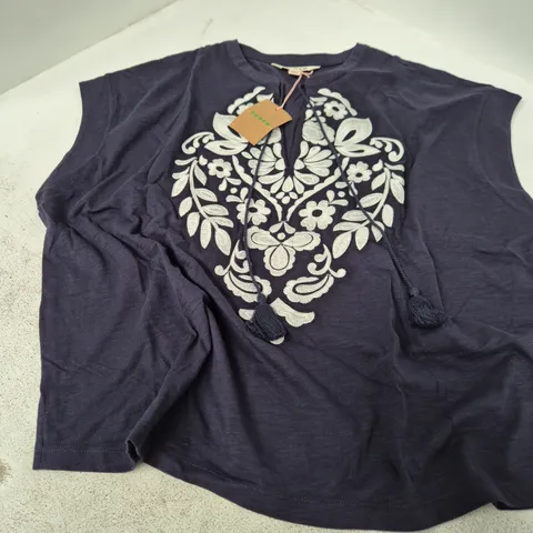 BODEN NAVY EMBROIDERED TOP WITH TASSELS, UK 14 (US 10)