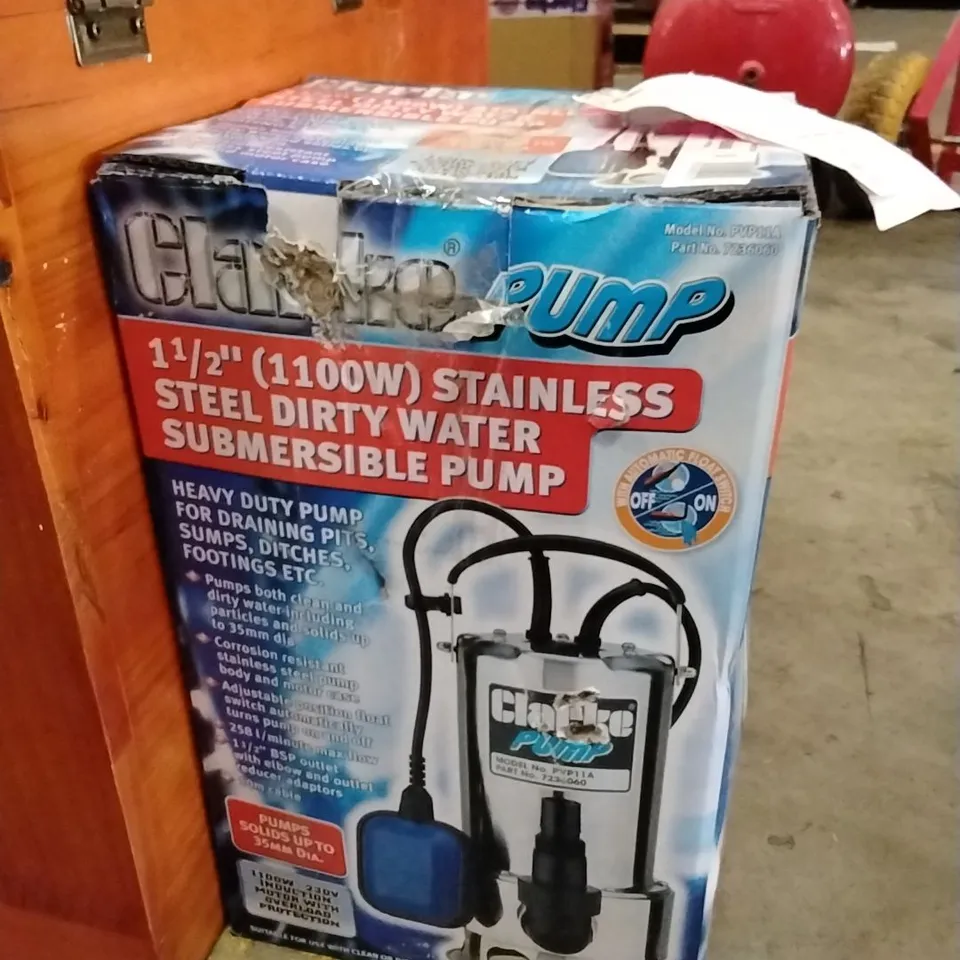 BOXED CLARKE PVP11A 1½" 1100W 258LPM 11M HEAD SUBMERSIBLE STAINLESS STEEL DIRTY WATER PUMP WITH FLOAT SWITCH (230V)