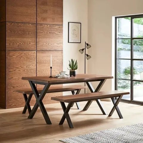 BOXED EZRA 6 SEATER RECTANGULAR DINING TABLE WITH 2 BENCHES - WALNUT EFFECT (2 BOXES)
