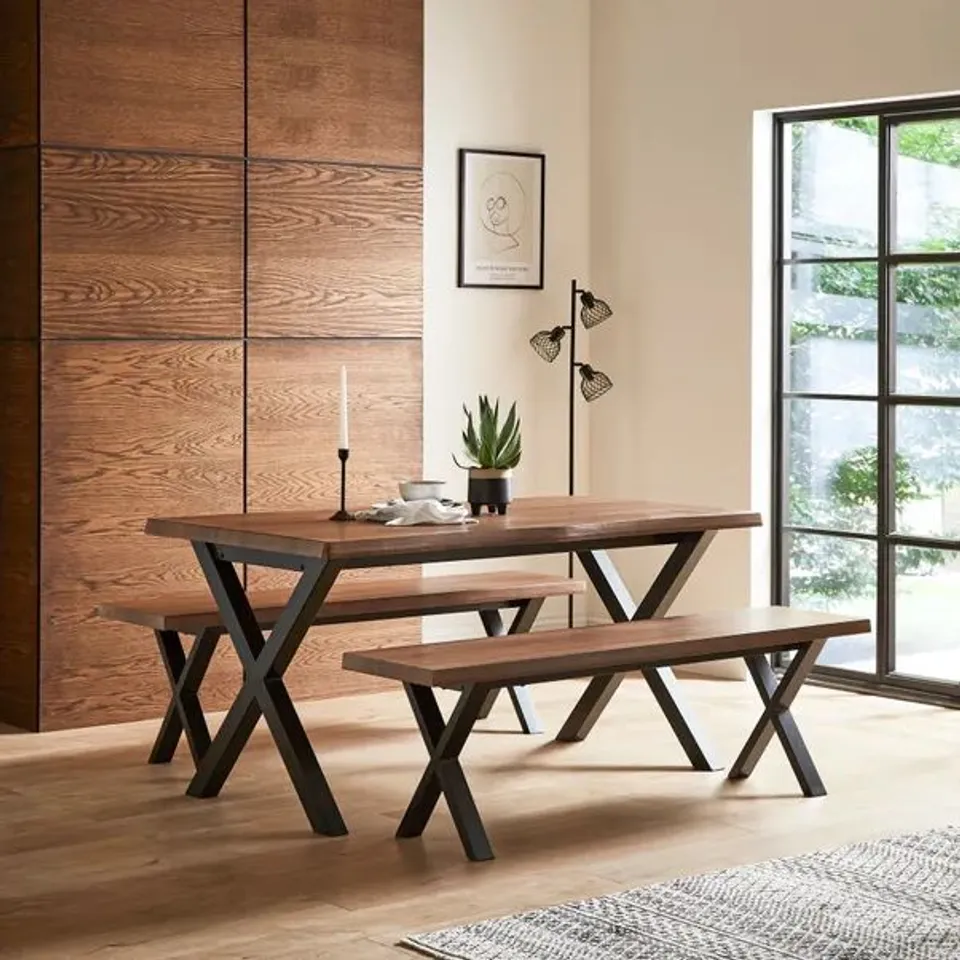 BOXED EZRA 6 SEATER RECTANGULAR DINING TABLE WITH 2 BENCHES - WALNUT EFFECT (2 BOXES)