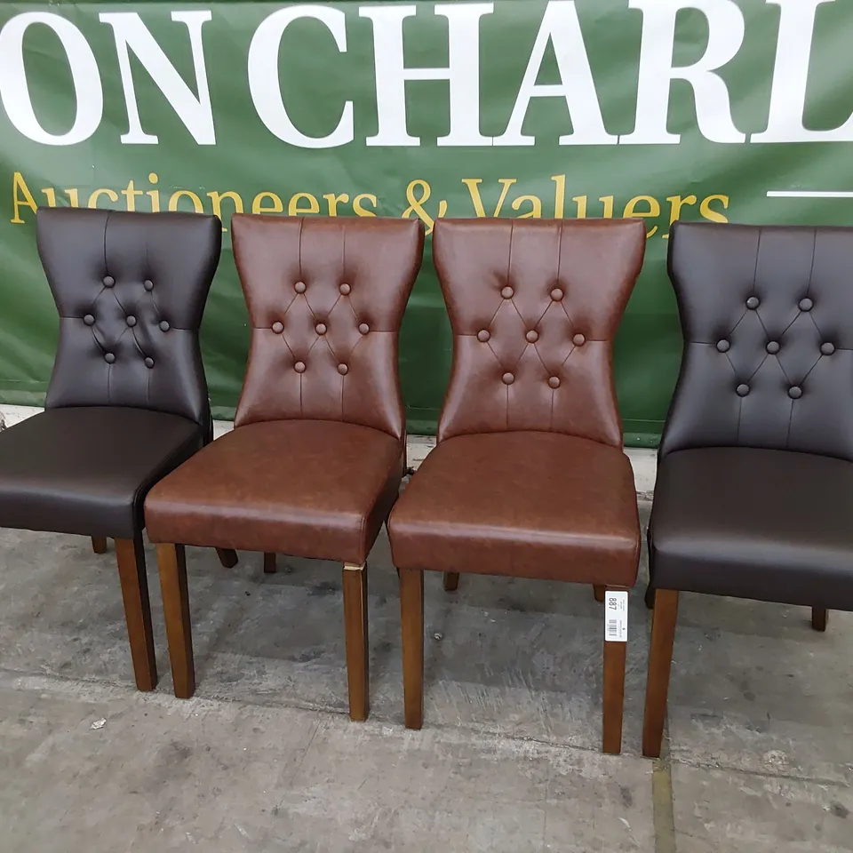 FOUR UPHOLSTERED BUTTONED BACK DINING CHAIRS (2× CHESTNUT PU, 2× BROWN PU)