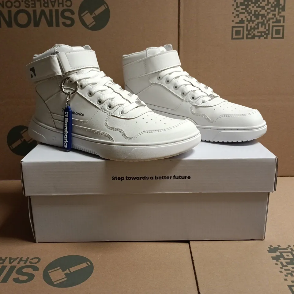 BOXED PAIR OF BAREBARICS ZING HI TOP SHOES IN WHITE SIZE UK 6