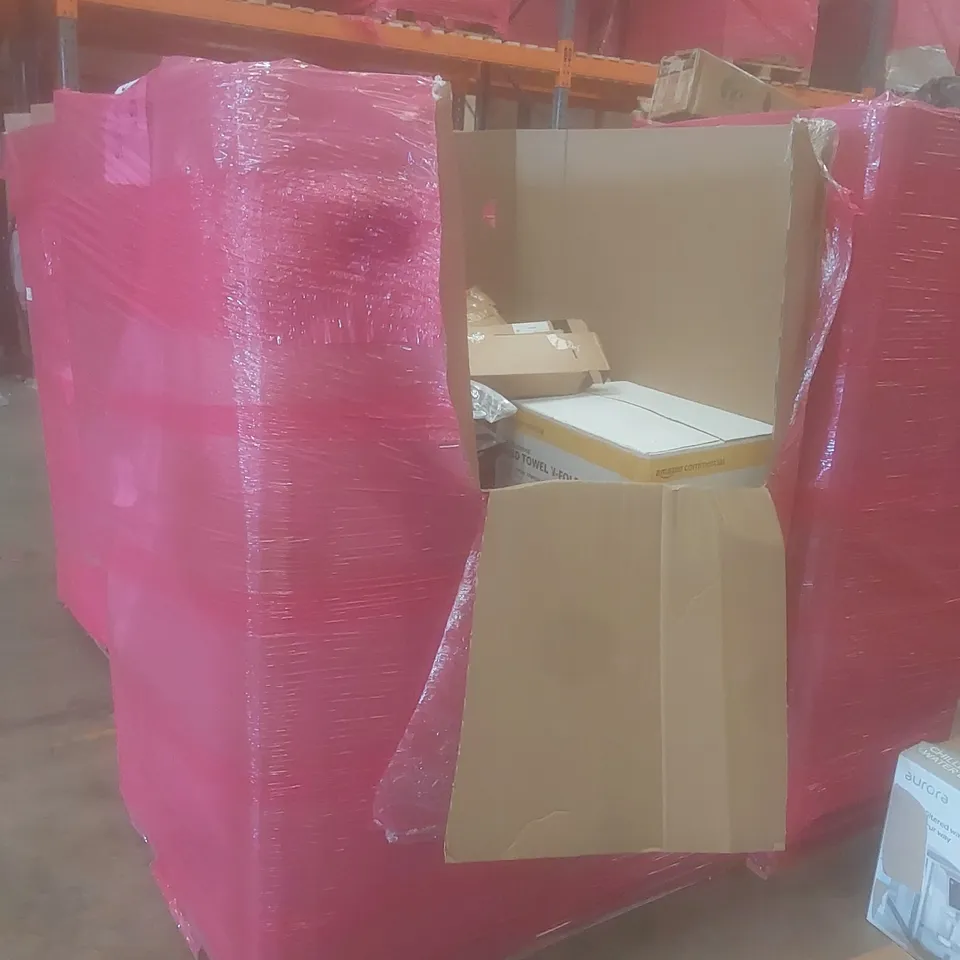 PALLET OF ASSORTED HOUSEHOLD GOODS AND PRODUCTS TO INCLUDE; AUTO HEAT PRESS, WATER FILL, PAPER HAND TOWELS, TOILET SEAT ETC