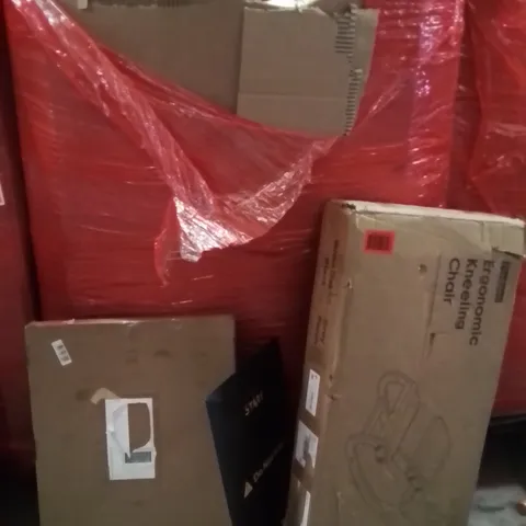 PALLET OF ASSORTED HOUSEHOLD GOODS AND PRODUCTS TO INCLUDE;ERGONOMIC KNEELING CHAIR,SCREEN PROTECTOR,PICTURE FRAMES 
