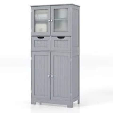 BOXED COSTWAY FREEE-STANDING BATHROOM CABINET WITH 2 DRAWERS AND GLASS DOORS - GREY