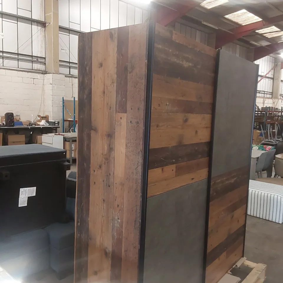 DESIGNER DOUBLE SLIDING DOOR WARDROBE WITH OAK AND CONCRETE FINISH, 170.3 CM W X 190.5 CM H X 61.2 CM D