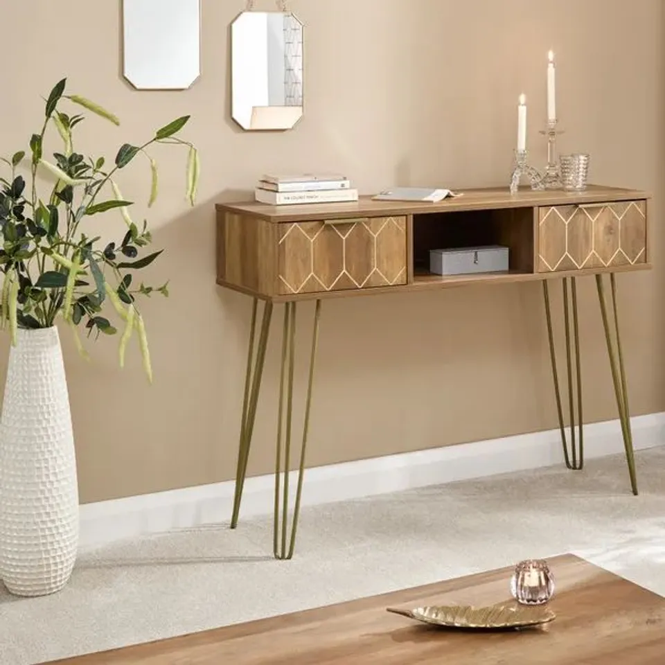BOXED GFW ORLEANS 2 DRAWER MANGO YELLOW CONSOLE DESK (1 BOX)