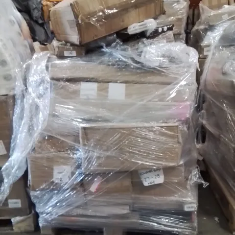 PALLET OF ELECTRICAL ITEMS AND HOUSEHOLD GOODS TO INCLUDE;OFFICE CHAIR,DOUBLE FACED GLASS CLEANER,ALUMINIUM CREPE PAN