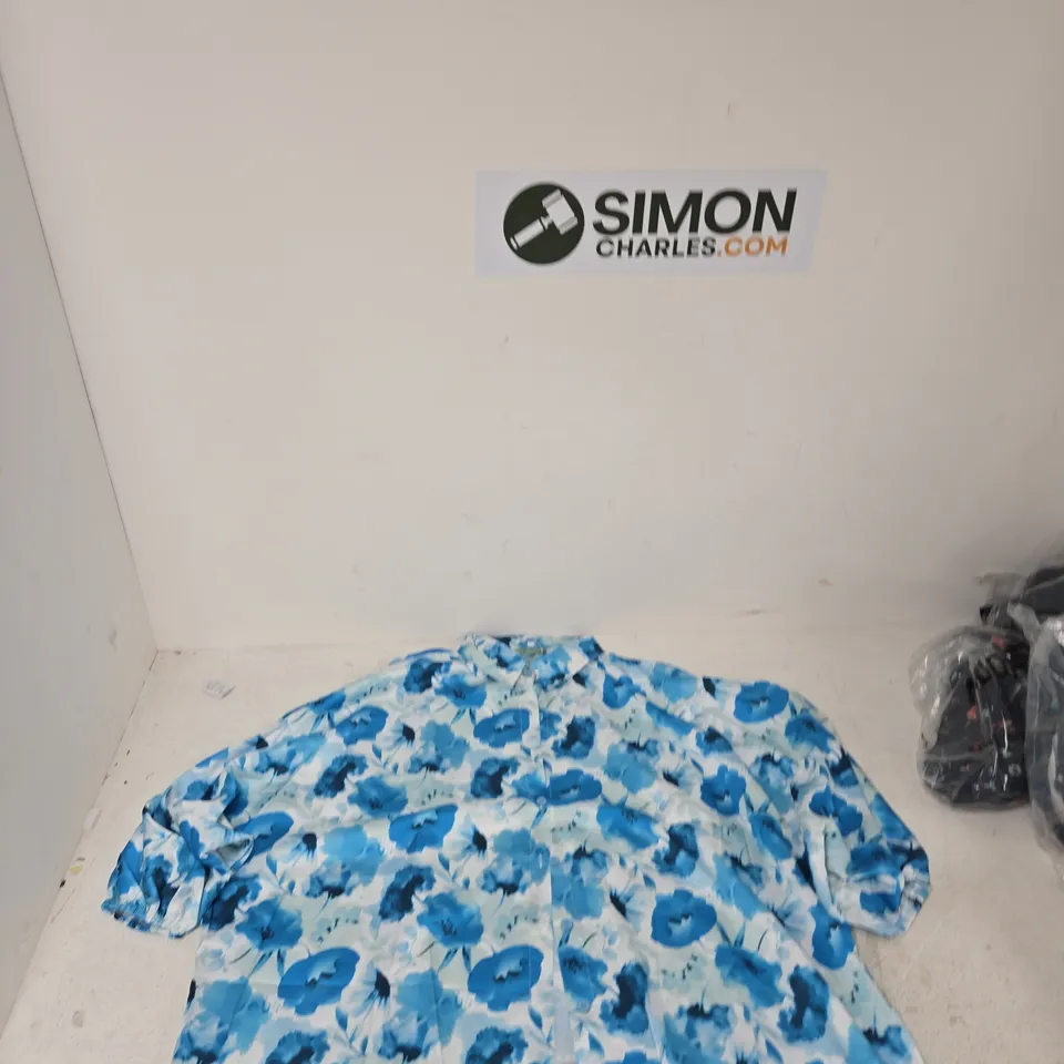 BOX OF APPROXIMATELY 30 ASSORTED CLOTHING ITEMS TO INCLUDE: LA MAREY BLUE FLORAL BLOUSE