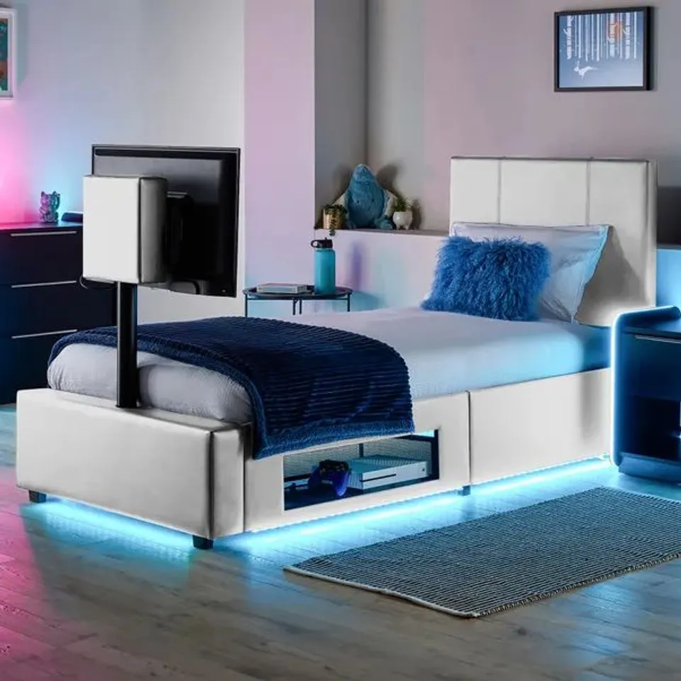 BOXED XR LIVING AVA PU SMALL DOUBLE TV BED WITH UNDERBED LIGHTS - WHITE (2 BOXES)