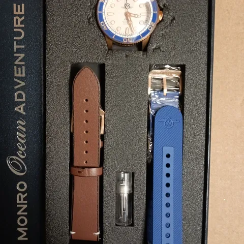 MONRO ADVENTURE DIVE LOG WRISTWATCH – BROWN LEATHER & BLUE SILICONE STRAPS