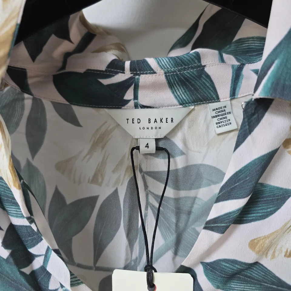 TED BAKER PRINTED TIE DETAIL MIDI SHIRT DRESS IN CREAM - SIZE 4