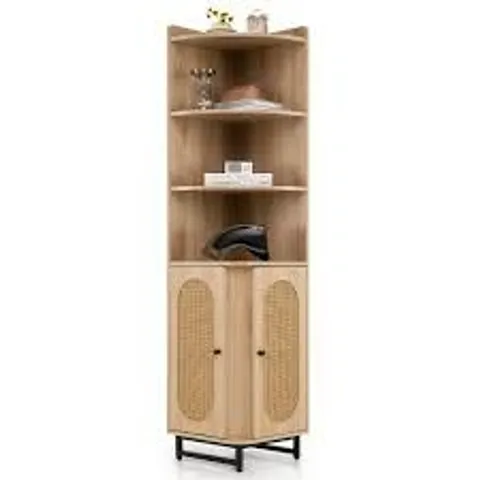 BOXED COSTWAY CORNER BOOKCASE MADE OF PE RATTAN 172 CM TALL CABINET WITH 2 DOORS & 4 OPEN SHELVES - NATURAL