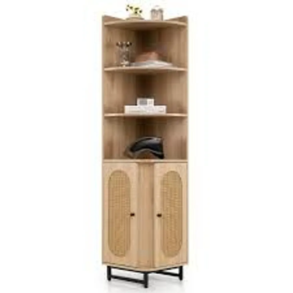 BOXED COSTWAY CORNER BOOKCASE MADE OF PE RATTAN 172 CM TALL CABINET WITH 2 DOORS & 4 OPEN SHELVES - NATURAL