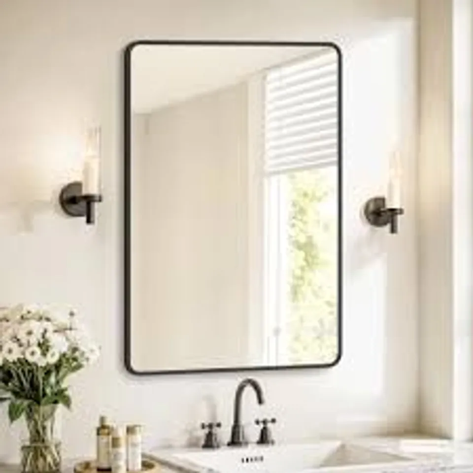 BOXED SONGMICS BATHROOM MIRROR, WALL MOUNTED VANITY MIRROR - BLACK