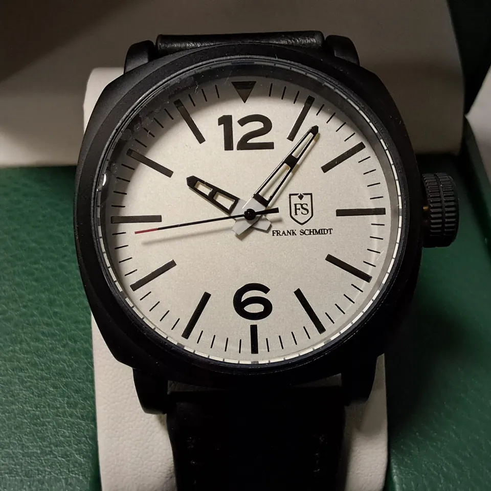 FRANK SCHMIDT ALL BLACK STAINLESS STEEL WHITE FACED GENTS WATCH WITH LEATHER STRAP