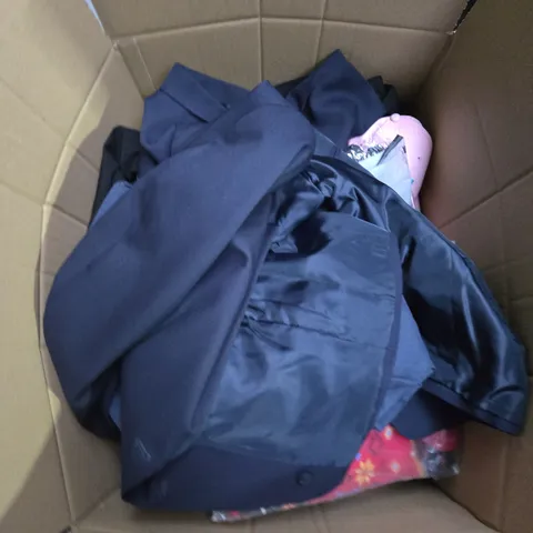 LARGE BOX OF ASSORTED CLOTHING ITEMS IN VARIOUS SIZES, STYLES AND COLOUR 