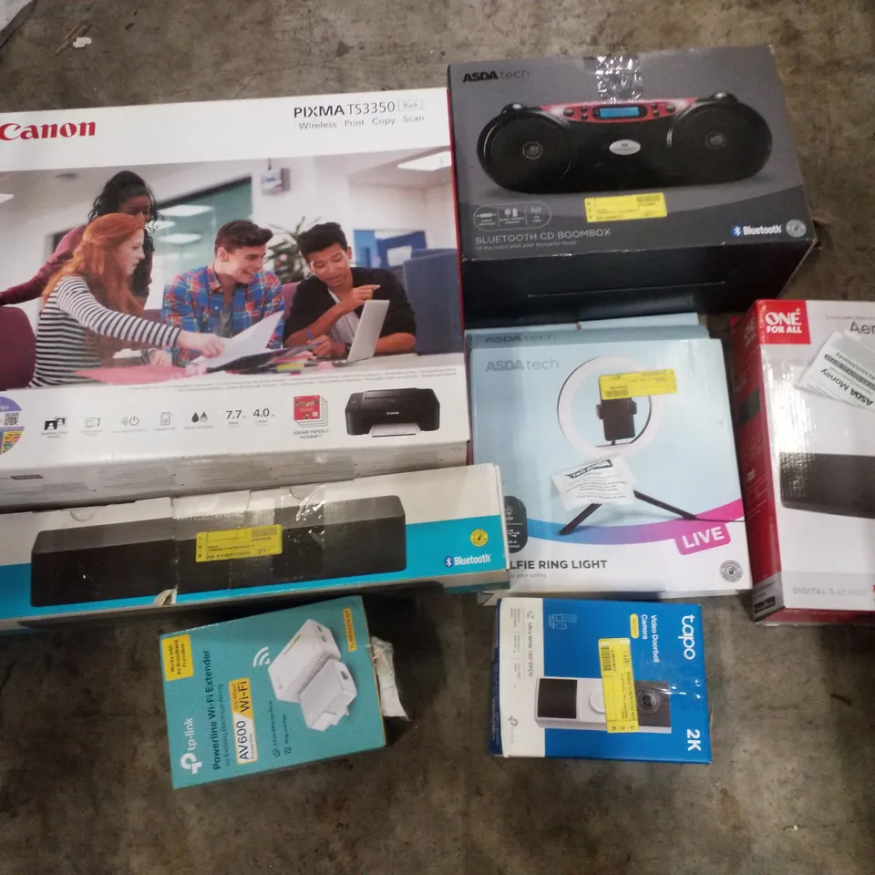 PALLET CONTAINING ASSORTED ELECTRICAL PRODUCTS INCLUDING CANON PIXMA PRINTER, CD BOOMBOX, AERIAL, SELFIE RING LIGHT & VIDEO DOORBELL