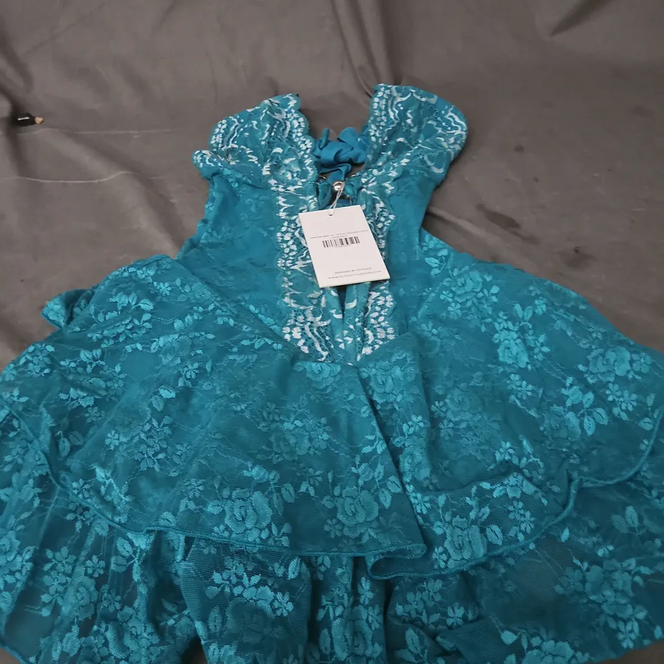 OUTCAST JENNA MINI DRESS TEAL – WOMEN’S LACE MINI DRESS, SIZE S