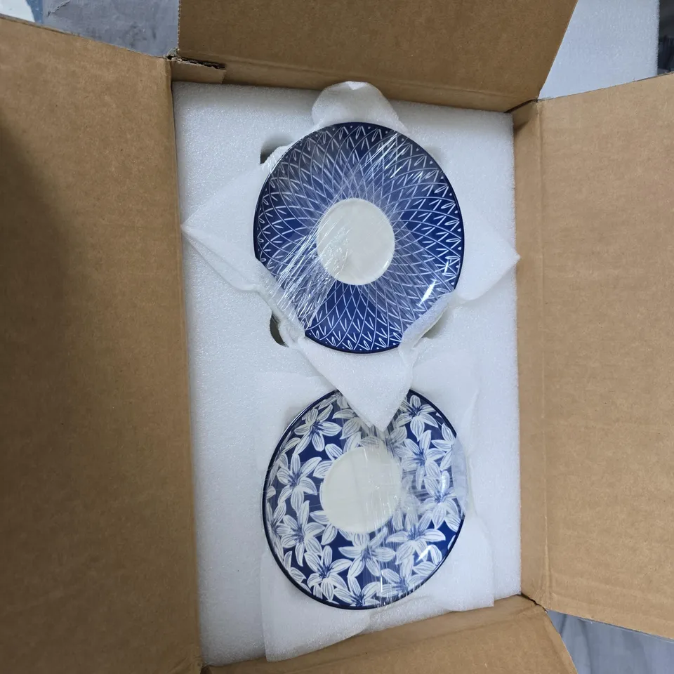 BLUE AND WHITE CERAMIC TEACUPS SET WITH 6 CUPS AND 2 PLATES