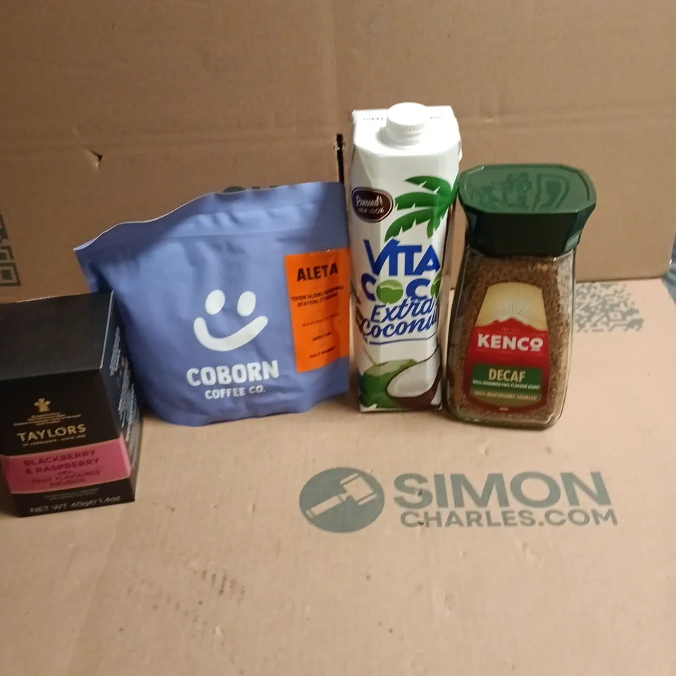 APPROXIMATELY 10 ASSORTED FOOD AND DRINK ITEMS TO INCLUDE - KENCO DECAF COFFEE, TAYLORS HERBAL TEA BAGS AND VITA COCO COCONUT WATER