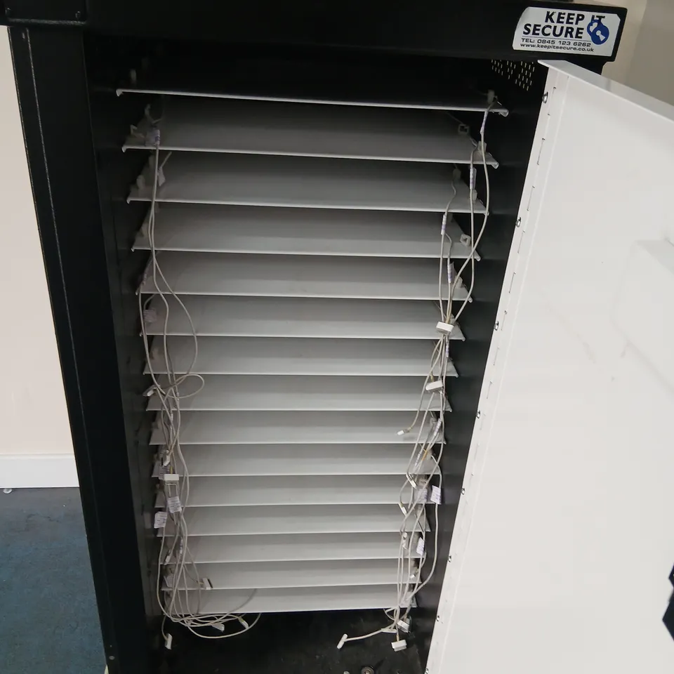 TALL BLACK METAL EQUIPMENT CHARGING CABINET WITH MULTIPLE SLIDING SHELVES