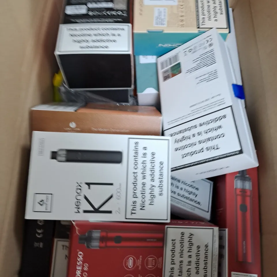 BOX OF APPROXIMATELY 15 ASSORTED E-CIGARATTES TO INCLUDE VAPEROSSO , ASPIRE, INNOKIN ETC.