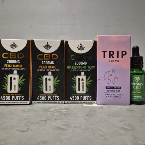 APPROXIMATELY 14 ASSORTED E-CIGARETTE PRODUCTS TO INCLUDE - STRONG LIFE CBD KIWI PASSIONFRUIT GUAVA , TRIP DREAM DROPS , VITALITY CBD OIL ETC