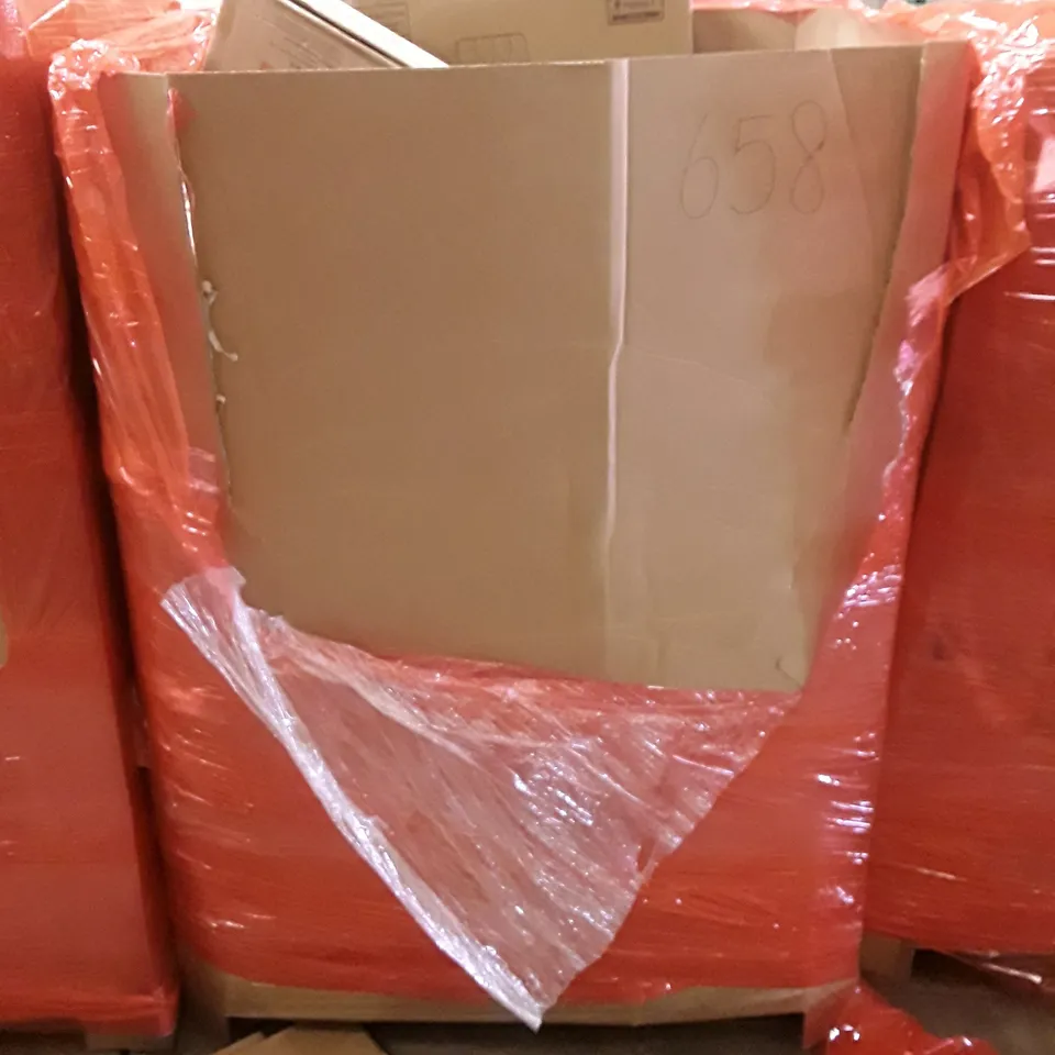 PALLET OF ASSORTED HOUSEHOLD GOODS AND PRODUCTS TO INCLUDE; ARTIFICIAL TREES, ESPRESSO COFFEE MACHINE, AIR COOLER, CHAIR, BOXED FURNITURE ETC