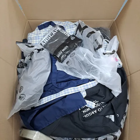 BOX OF APPROX. 50 ASSORTED CLOTHING VARYING IN SIZE/COLOUR/STYLE TO INCLUDE: TOPS, TROUSERS, JUMPERS
