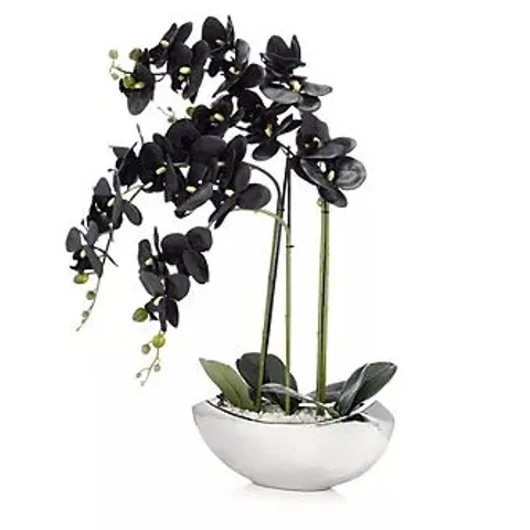 JM BY JULIEN MACDONALD 3 STEM REAL TOUCH FAUX ORCHID IN CERAMIC METALLIC VESSEL - BLACK