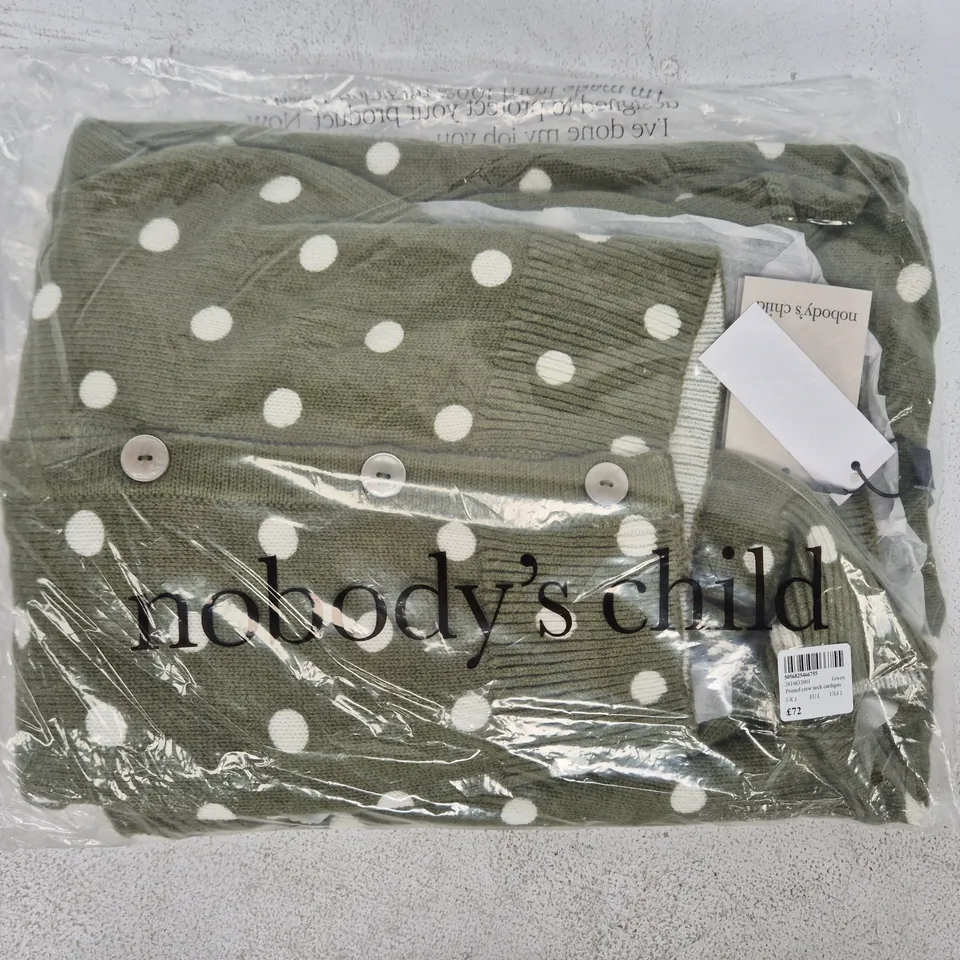 BAGGED NOBODY'S CHILD PRINTED CREW NECK CARDIGAN IN GREEN SIZE UK LARGE