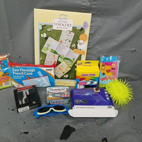 TOTE OF ASSORTED TOYS AND ACCESSORIES TO INCLUDE; SEE THROUGH PENCIL CASE, ADORABLINS, HAPPY EASTER REUSABLE STICKERS AND PAINT POTS