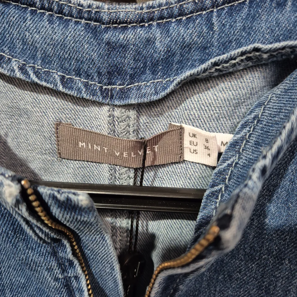 MINT VELVET INDIGO DENIM ZIP MIDI DRESS – UK 8 (TOPANGA)